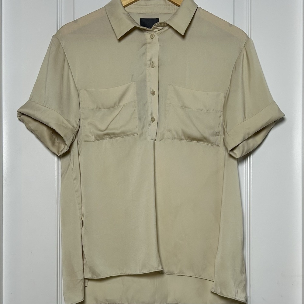 Lyssé New York Silk Khaki Sheer Short Roll Sleeve Patch Pocket Popover Blouse